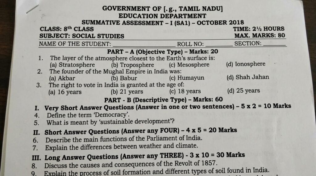 8th class social question paper 2018 sa1 government